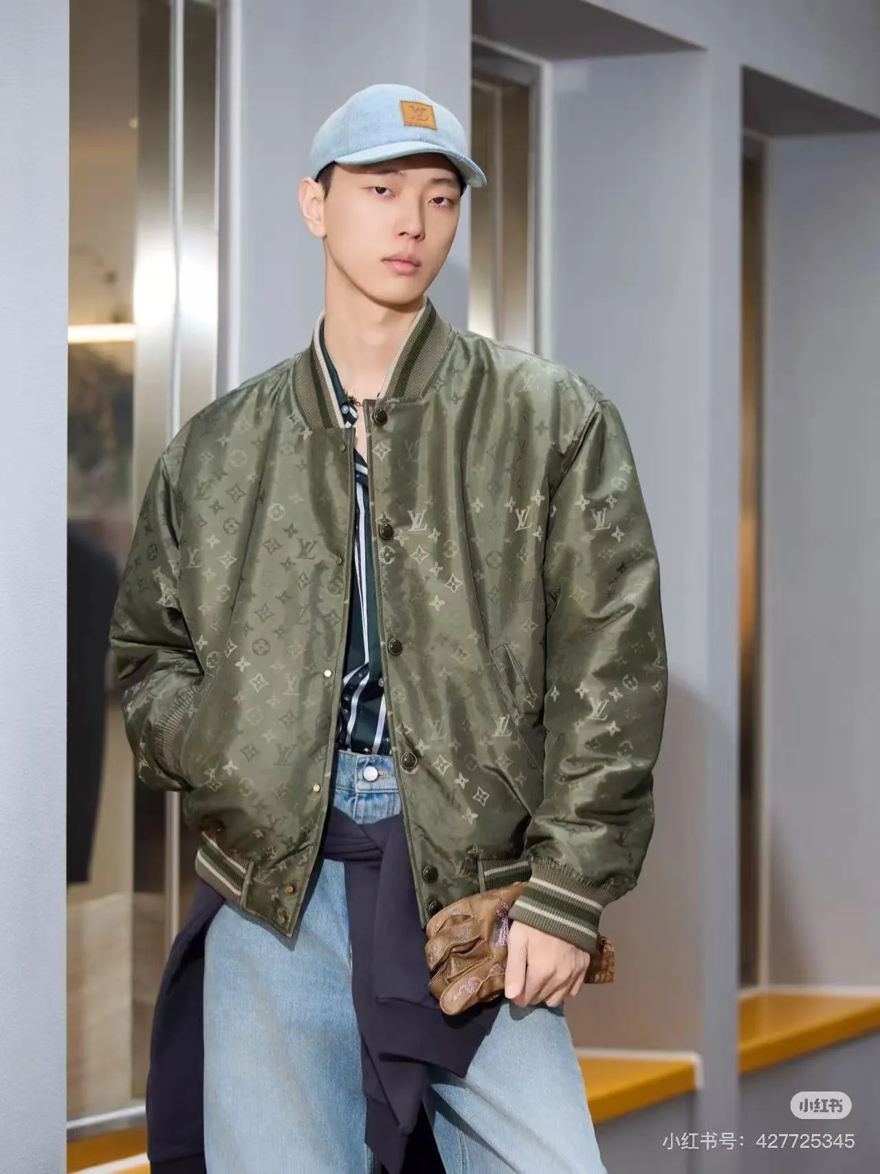 Louis Vuitton/Louis Vuitton olive green all-over printed old flower satin baseball jacket